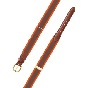 Adjustable Brown & Orange Grosgrain Belt with Brown Leather Tabs