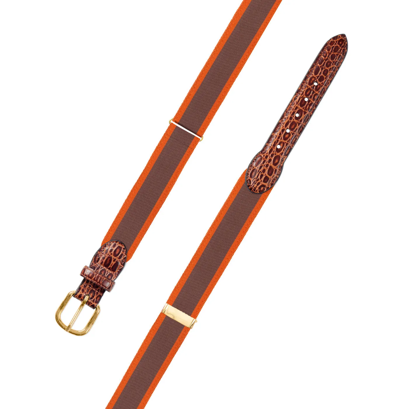 Adjustable Brown & Orange Grosgrain Belt with Embossed Calf Tabs