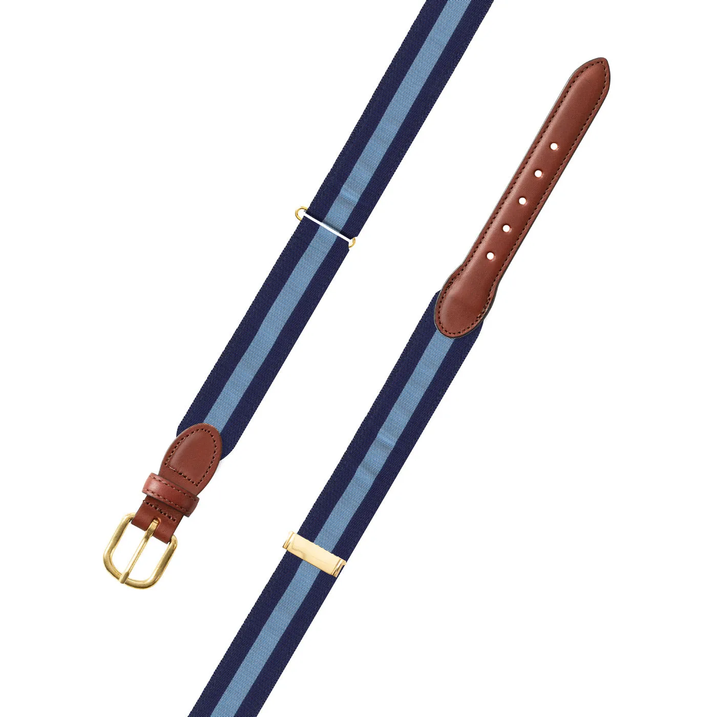 Adjustable Navy & Light Blue Grosgrain Belt with Brown Leather Tabs