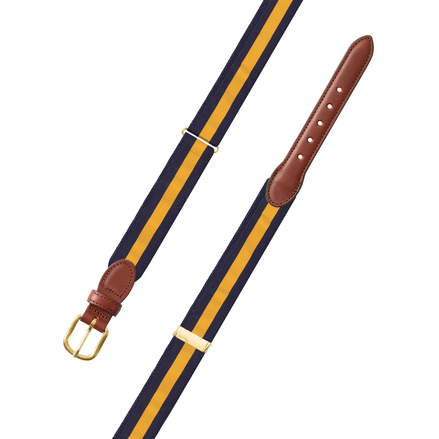 Adjustable Navy & Maize Yellow Grosgrain Belt with Brown Leather Tabs