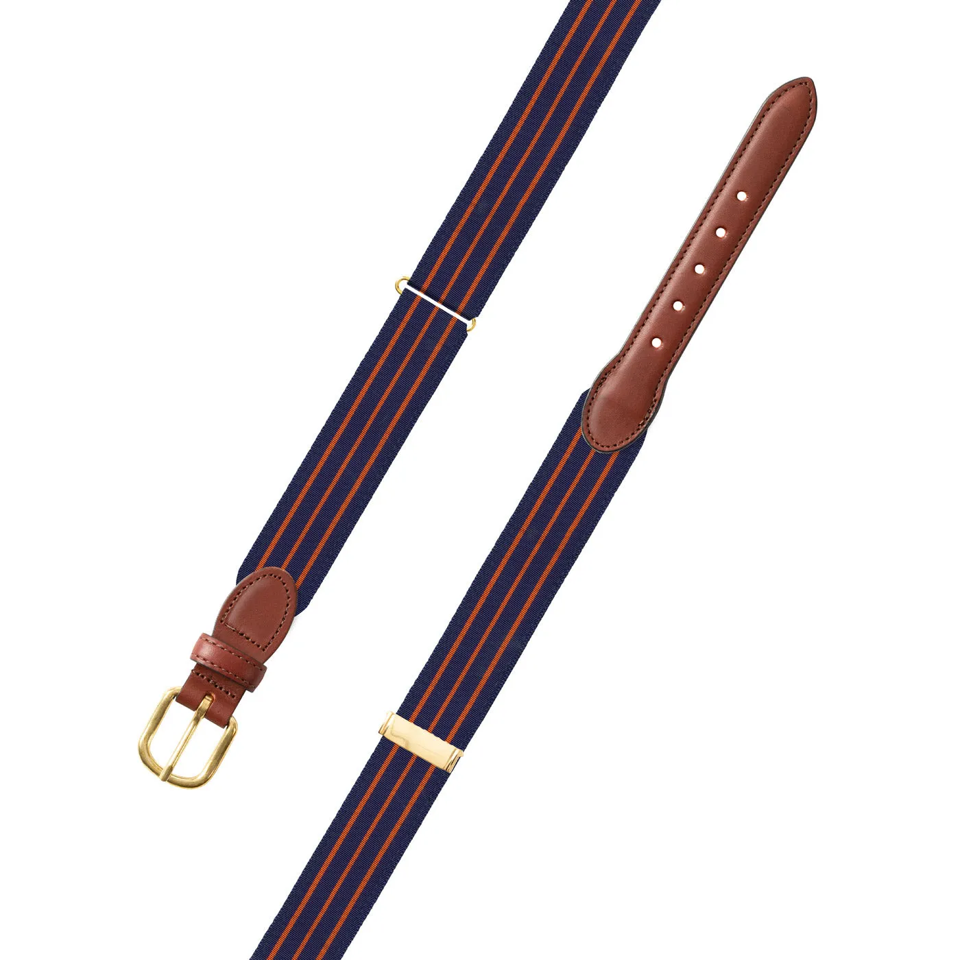 Adjustable Navy & Thin Orange Stripe Grosgrain Belt with Brown Leather Tabs