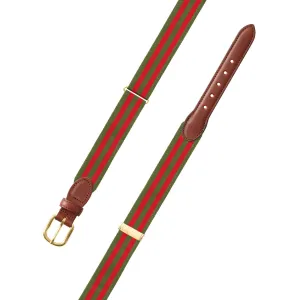 Adjustable Olive & Red Grosgrain Belt with Brown Leather Tabs