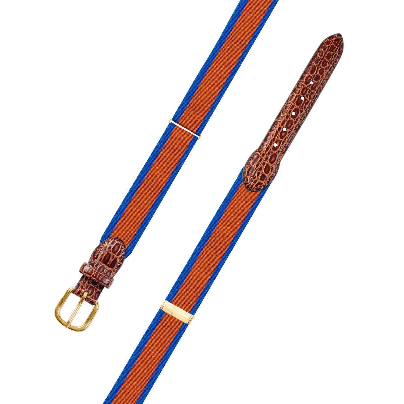 Adjustable Orange on Blue Grosgrain Belt with Embossed Calf Tabs