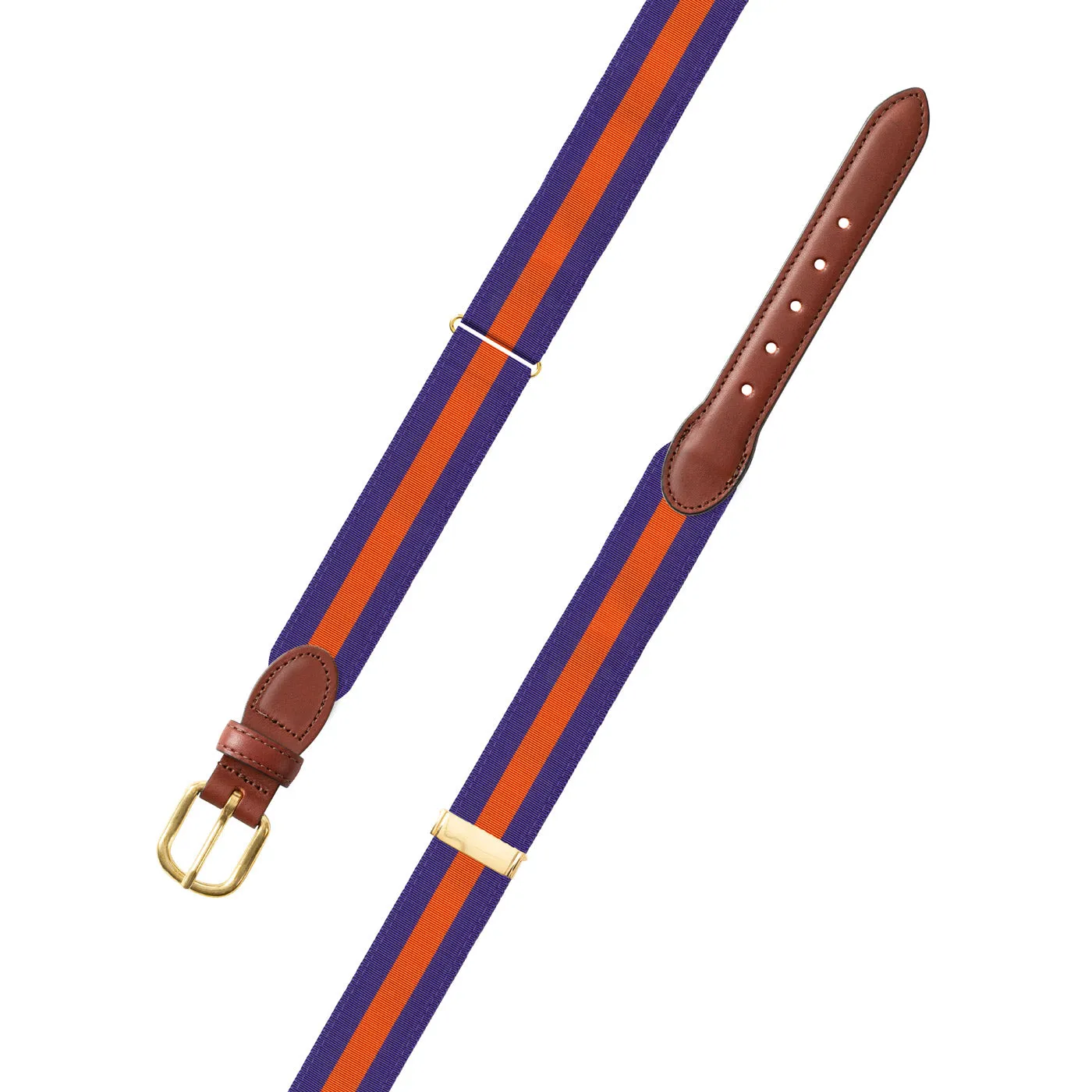 Adjustable Purple & Orange Grosgrain Belt with Brown Leather Tabs