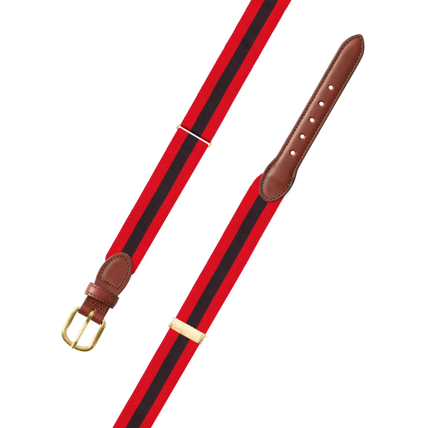 Adjustable Red & Black Grosgrain Belt with Brown Leather Tabs