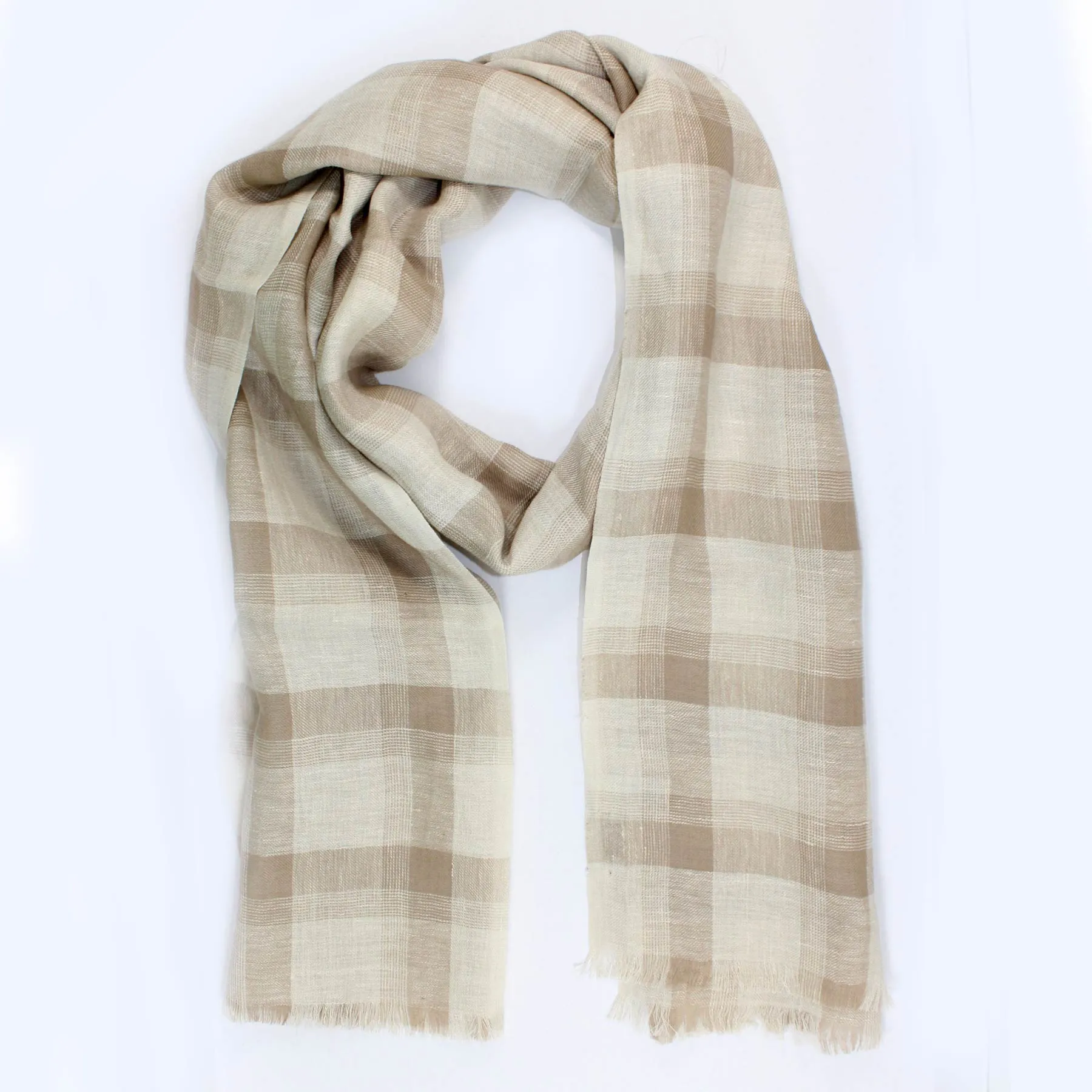 Agnona Scarf Beige Check Cashmere Linen Shawl  SALE