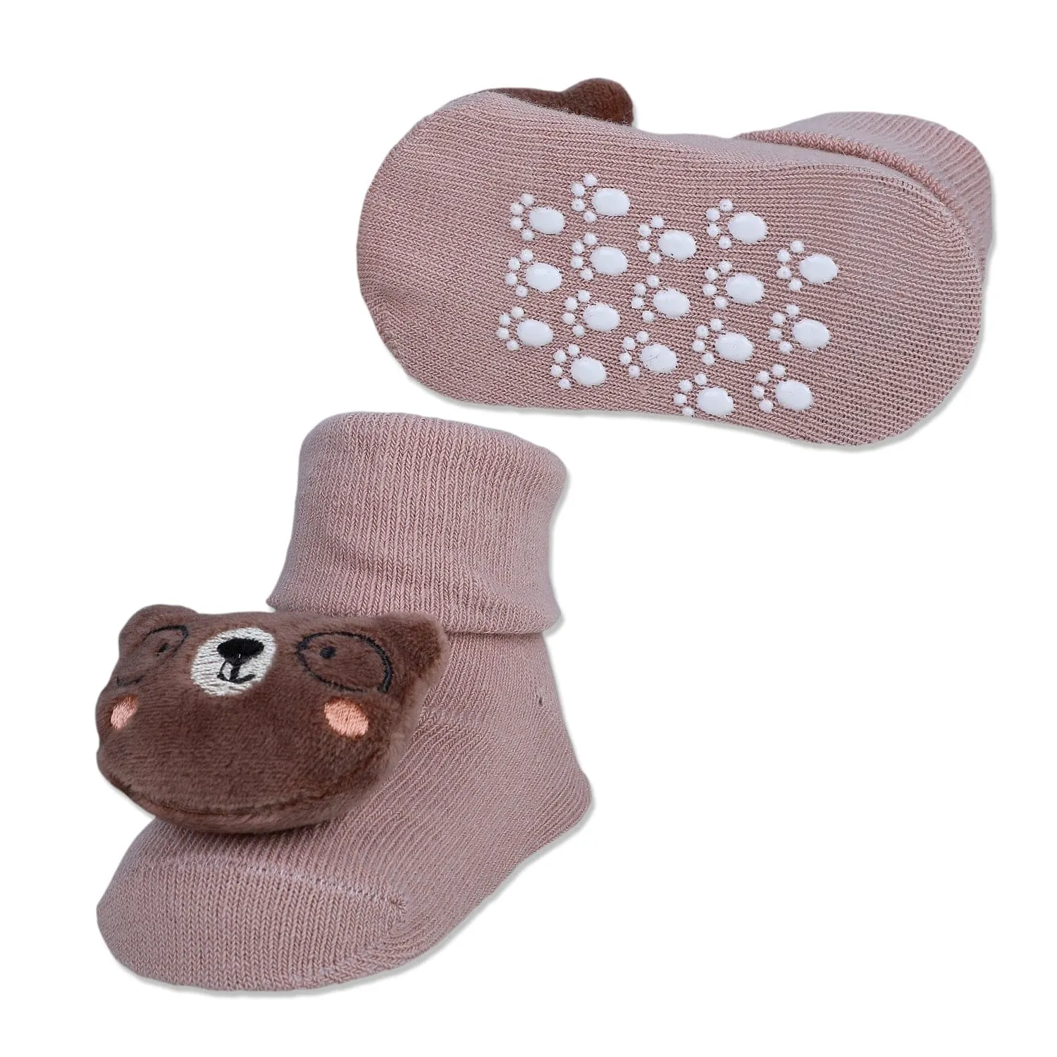 Baby Moo Nerdy Bear Cotton Anti-Skid 3D Socks - Peach