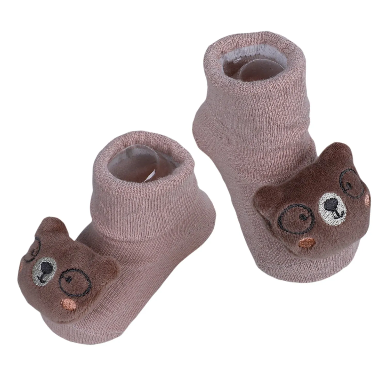 Baby Moo Nerdy Bear Cotton Anti-Skid 3D Socks - Peach