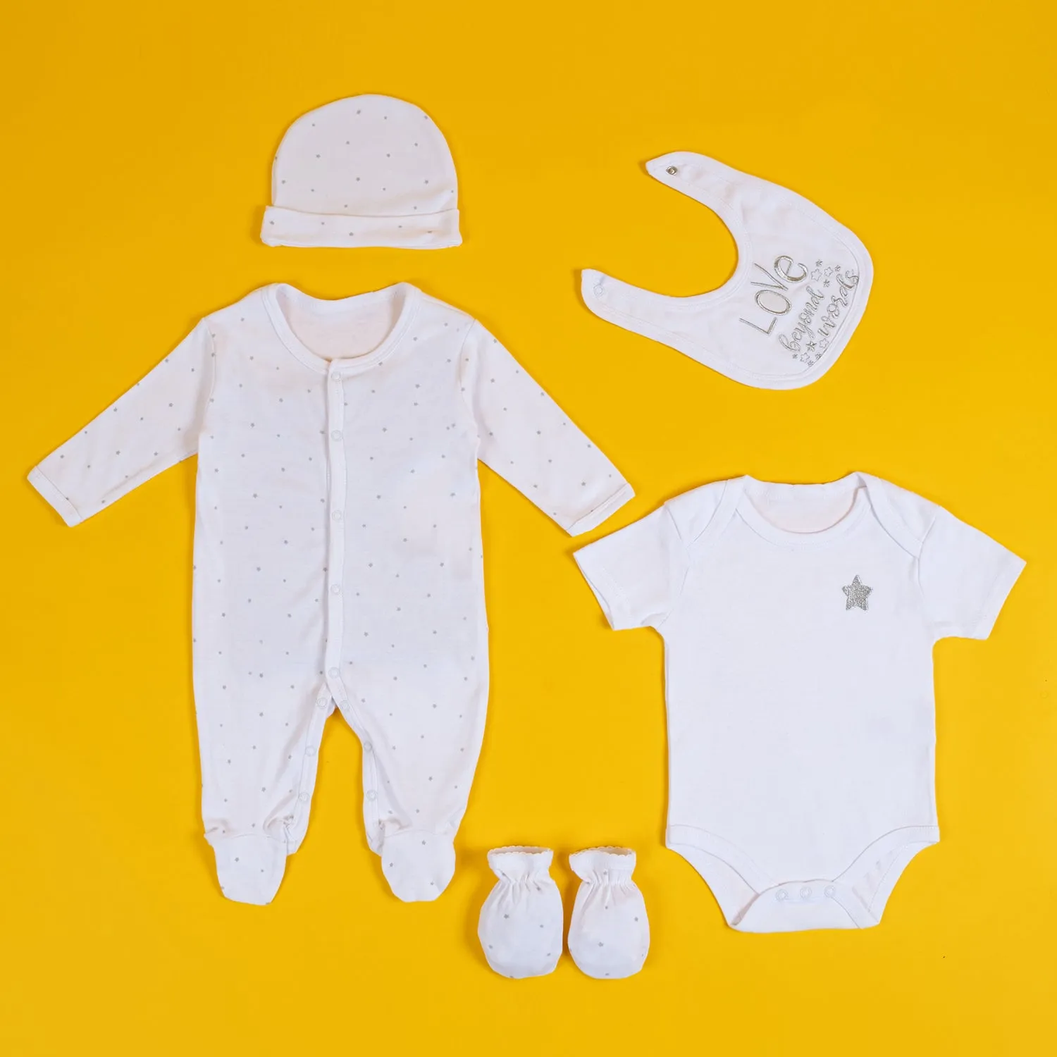 Baby Moo Star Love Gift Set 5 Piece With Bodysuits, Bib, Cap, Mittiens - White