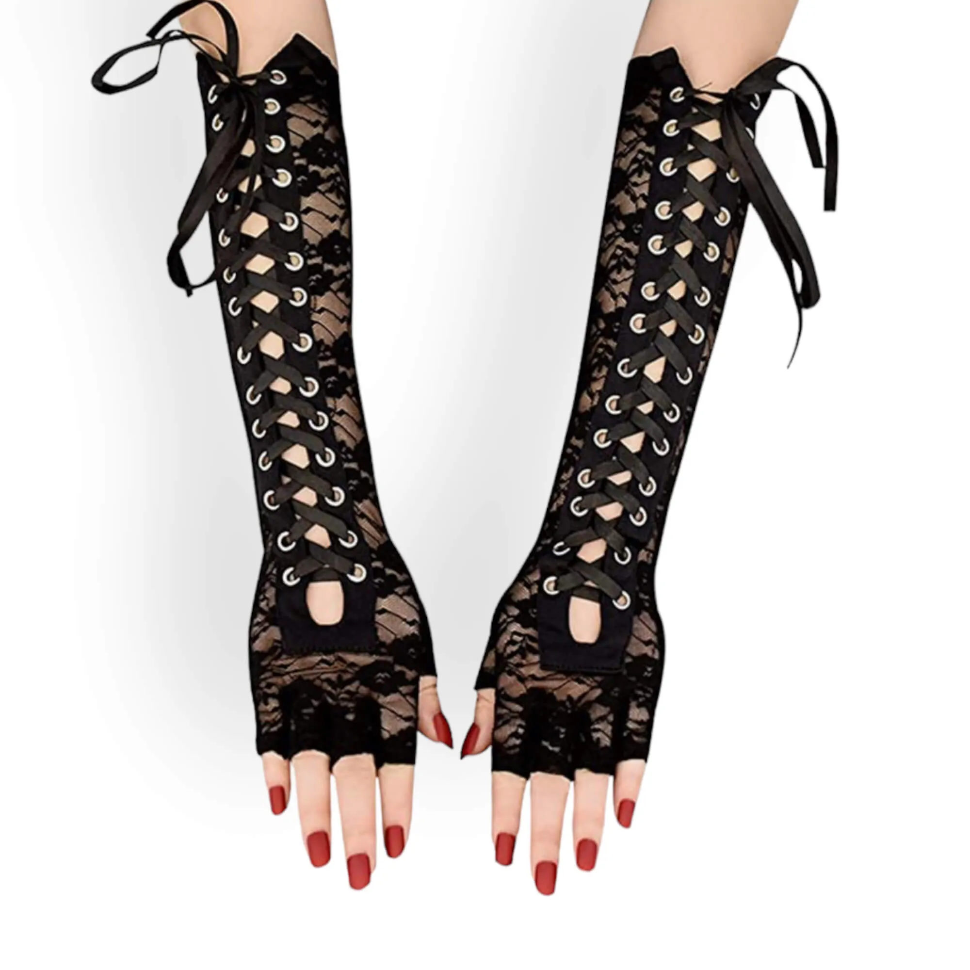 Black Lace Up Long Fingerless Gloves