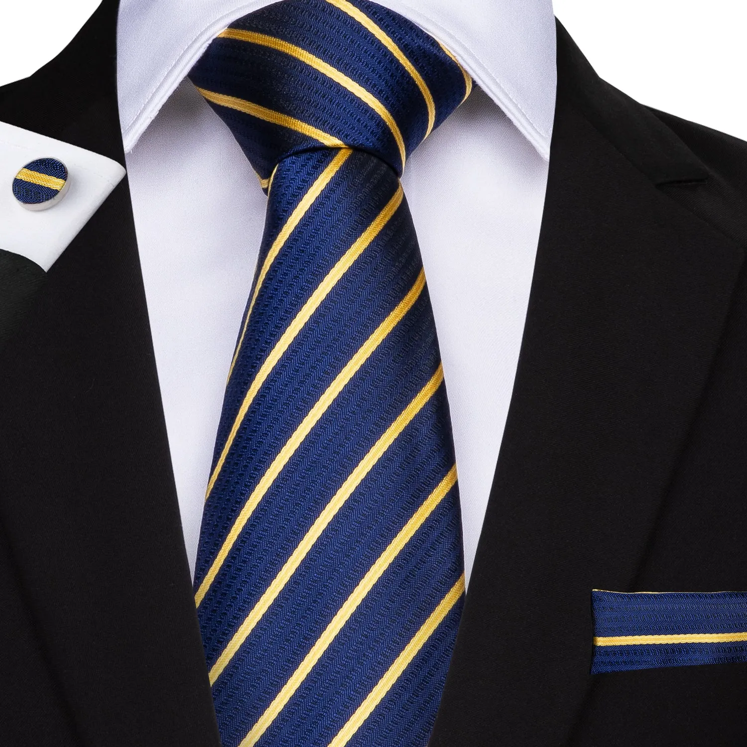 Blue Golden Striped Tie Handkerchief Cufflinks Set