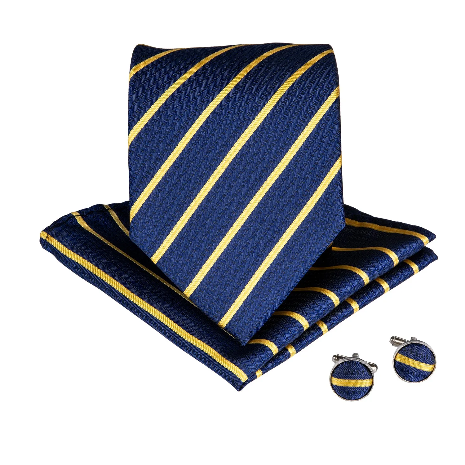 Blue Golden Striped Tie Handkerchief Cufflinks Set