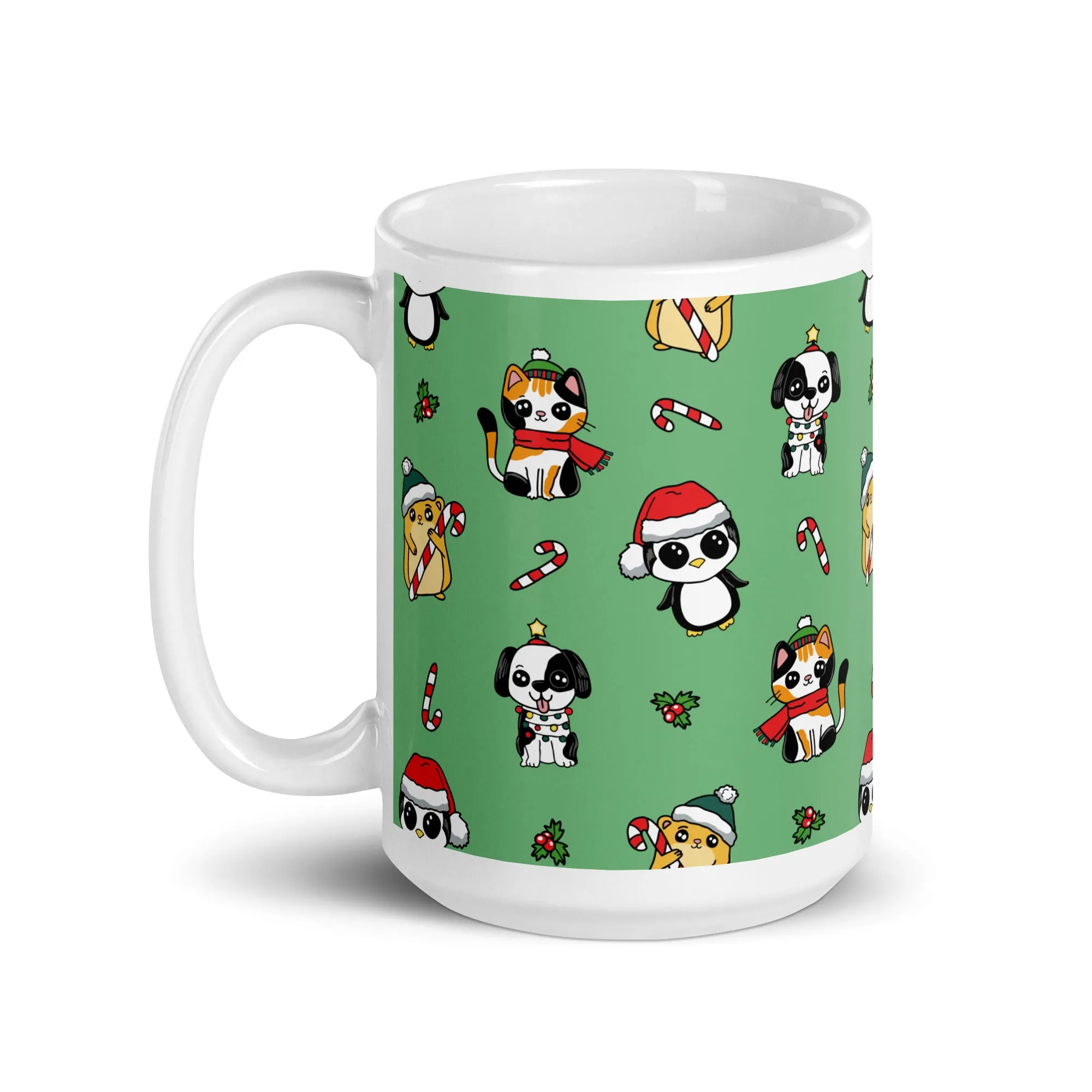 Cozy Holiday Mug with Adorable Pets in Christmas Hats and Scarves