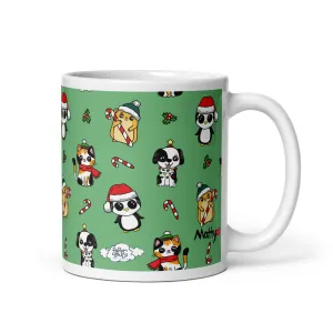 Cozy Holiday Mug with Adorable Pets in Christmas Hats and Scarves