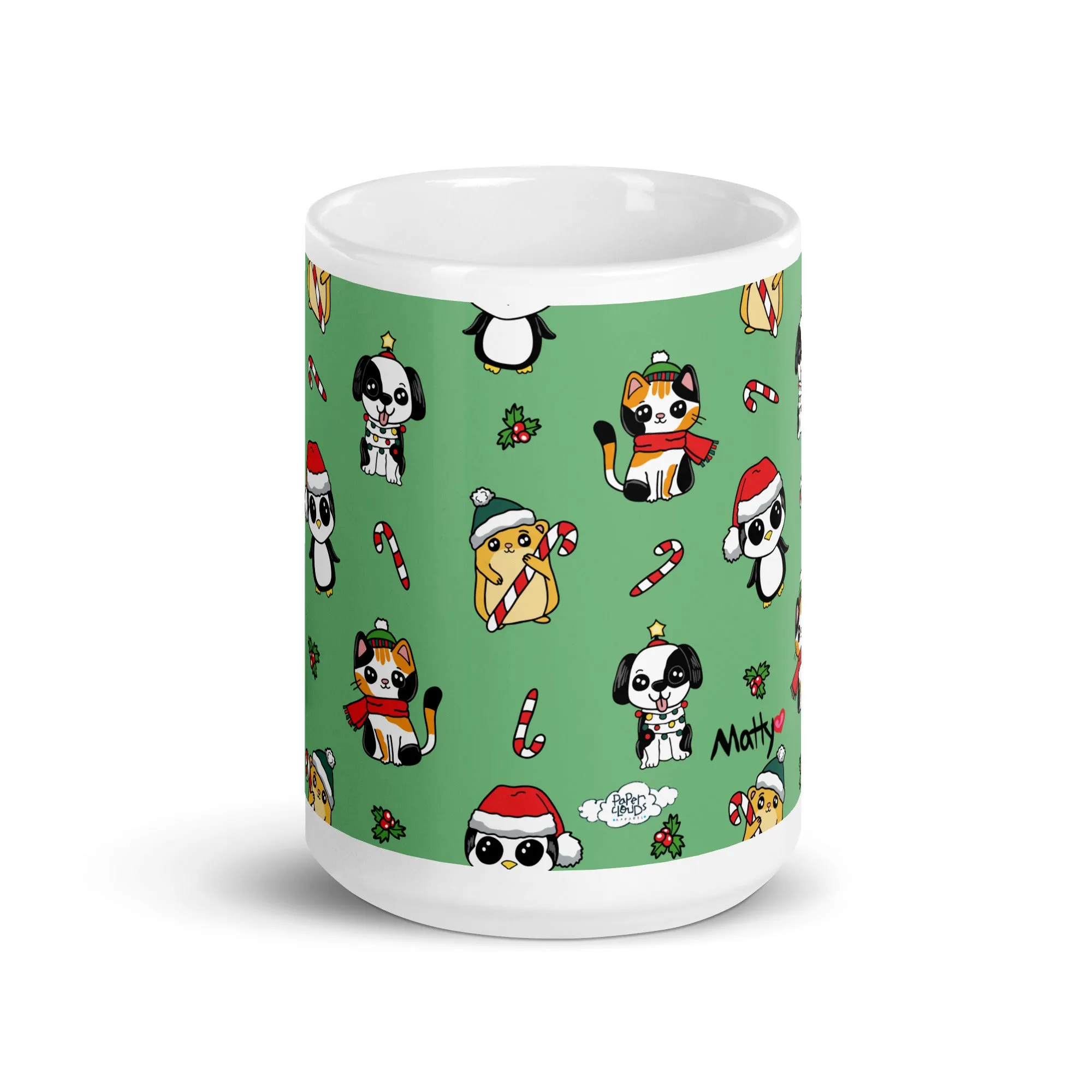 Cozy Holiday Mug with Adorable Pets in Christmas Hats and Scarves