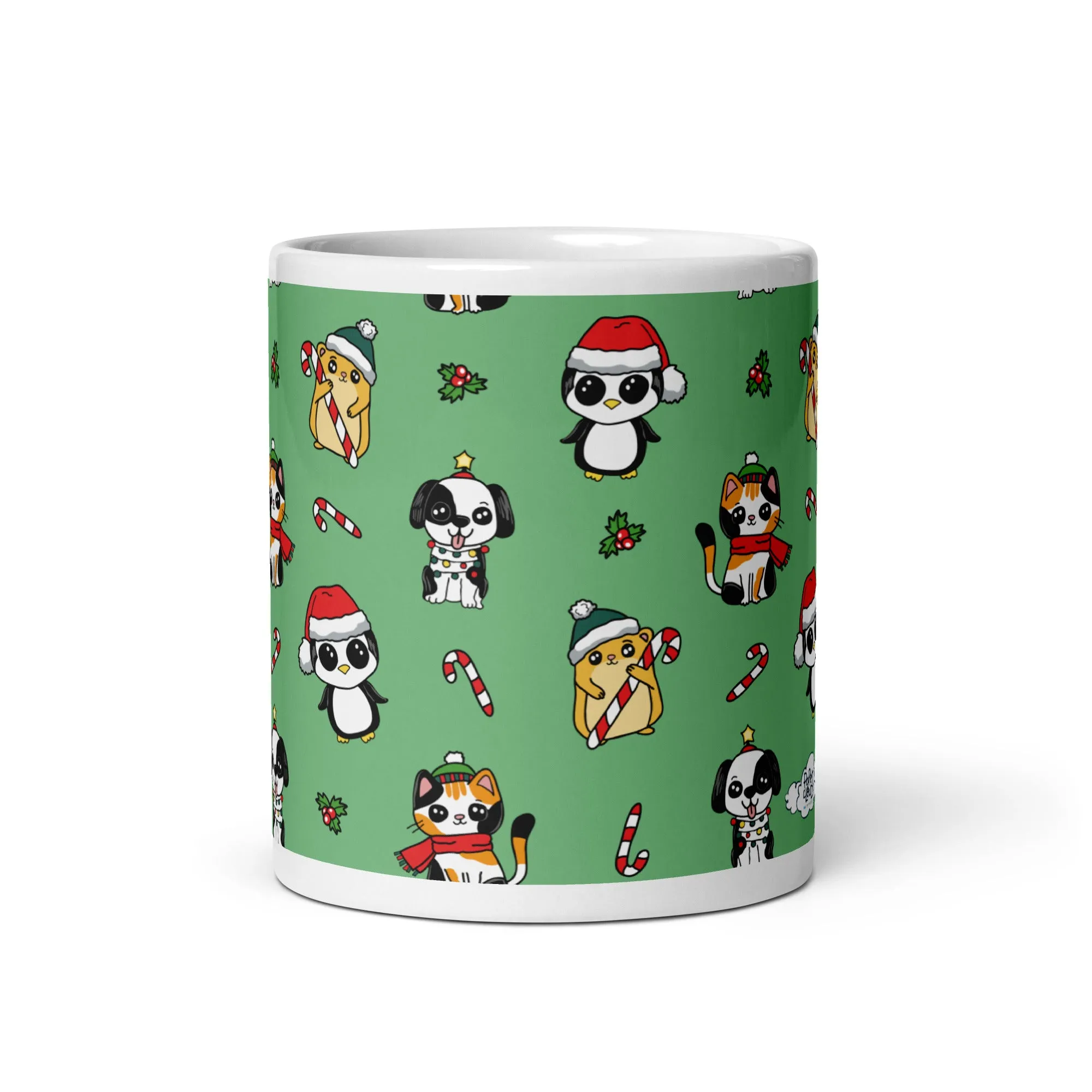 Cozy Holiday Mug with Adorable Pets in Christmas Hats and Scarves