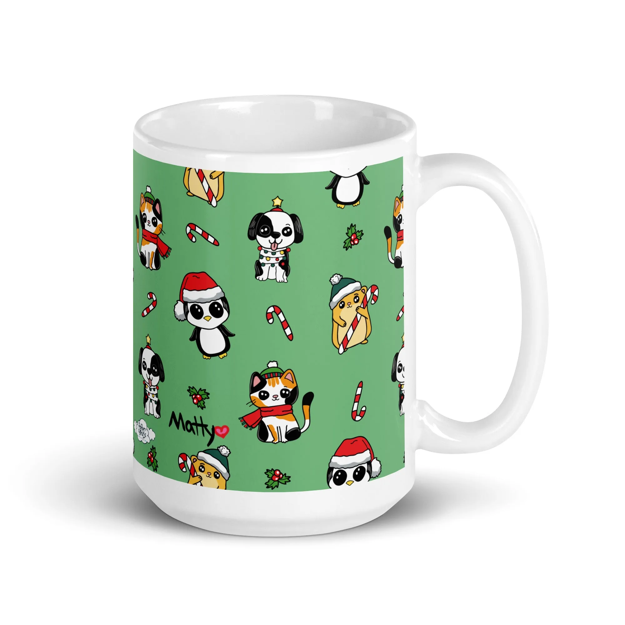 Cozy Holiday Mug with Adorable Pets in Christmas Hats and Scarves