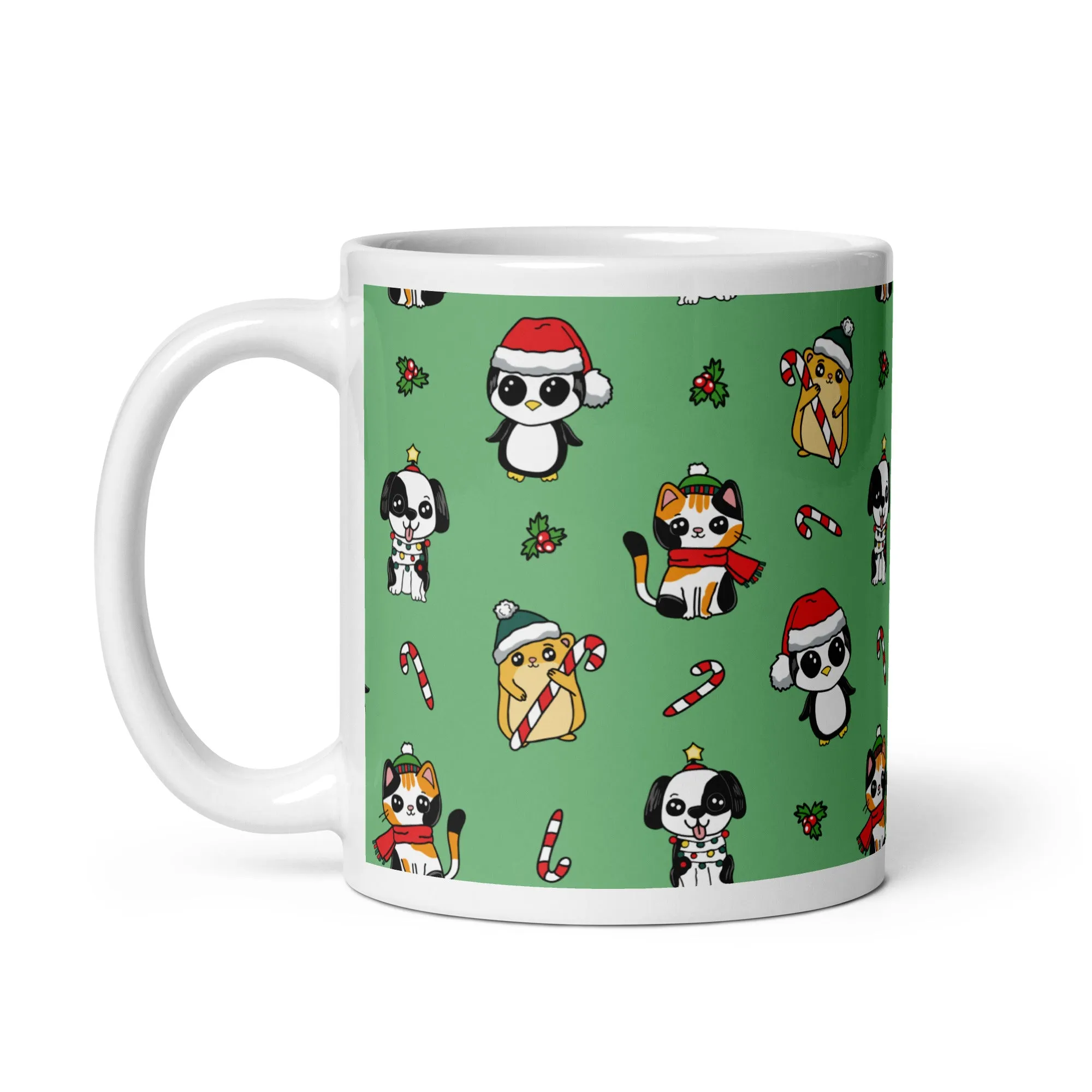 Cozy Holiday Mug with Adorable Pets in Christmas Hats and Scarves