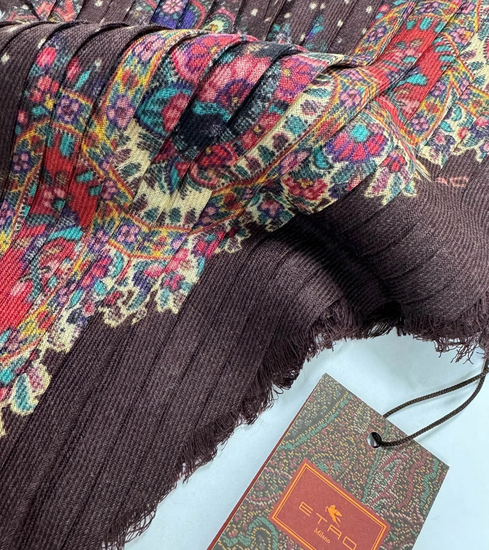 Etro Scarf Brown Pleated Wool Shawl SALE