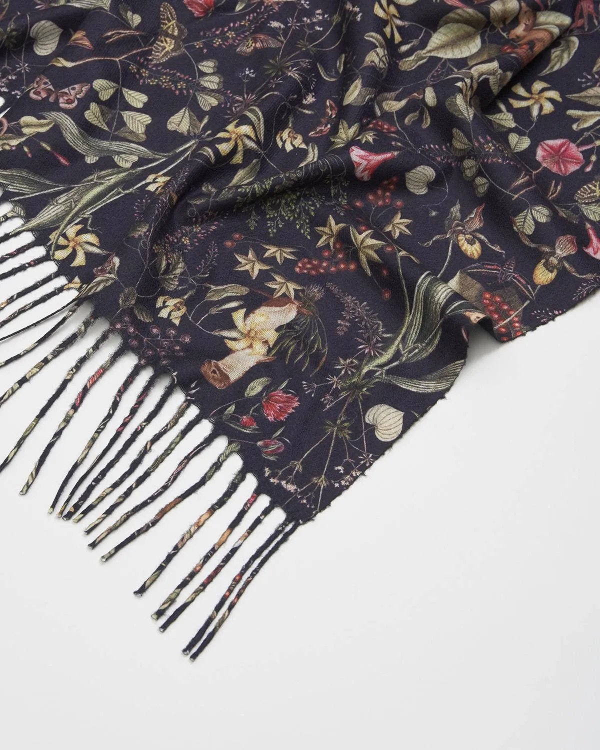 FABLE Wolf Garden Navy Scarf with Tassels