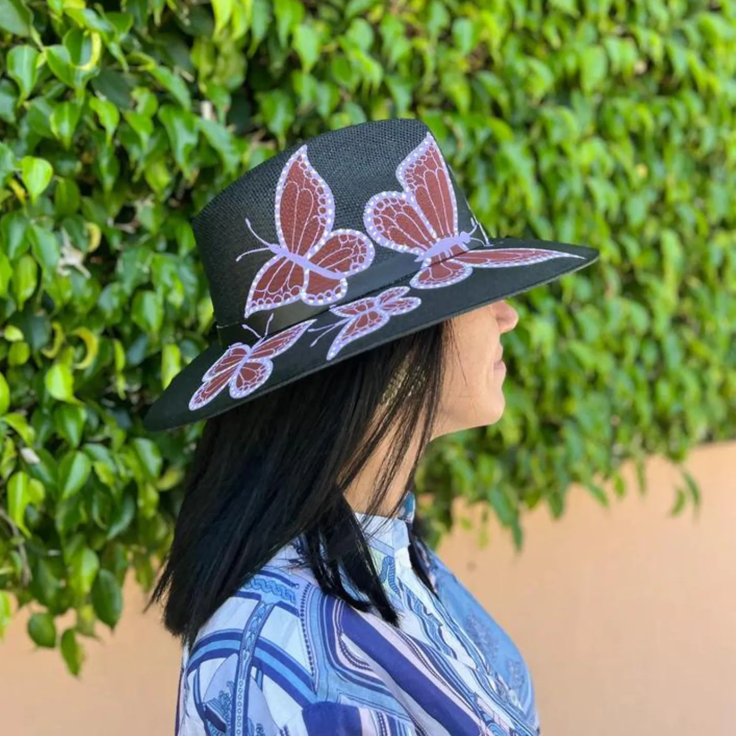 Hand-painted Hat from Mexico - Butterflies -Black, Purple