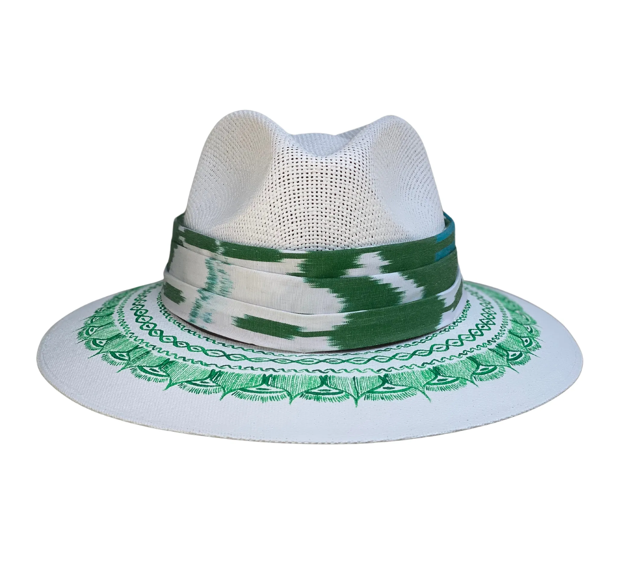 Hand-painted Hat from Mexico - Chi Chi Collection - White, Green with Newcomb Silk Ikat Band