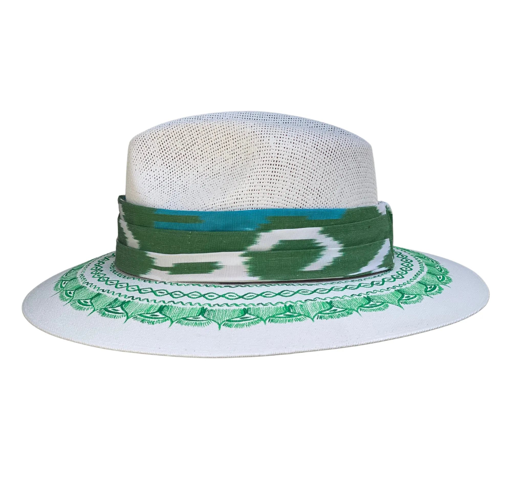 Hand-painted Hat from Mexico - Chi Chi Collection - White, Green with Newcomb Silk Ikat Band