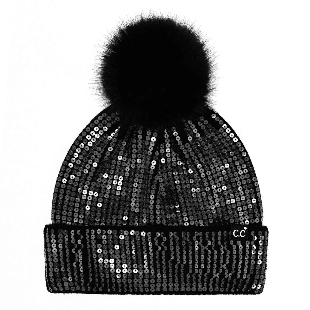 HTC0044 Sofia All Over Sequin Pom Beanie