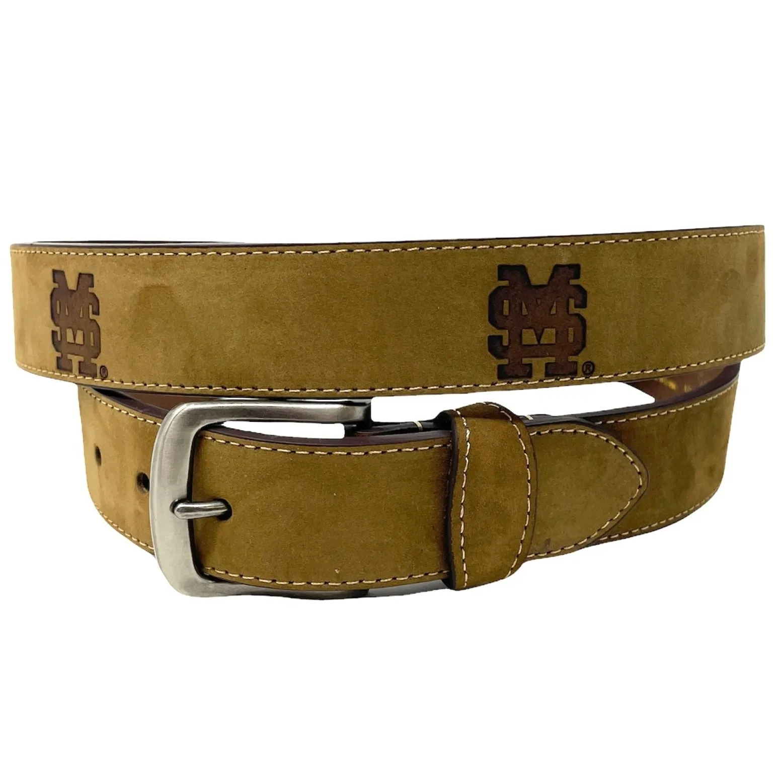 Interlocking MS Embossed Leather Belt – Light Brown