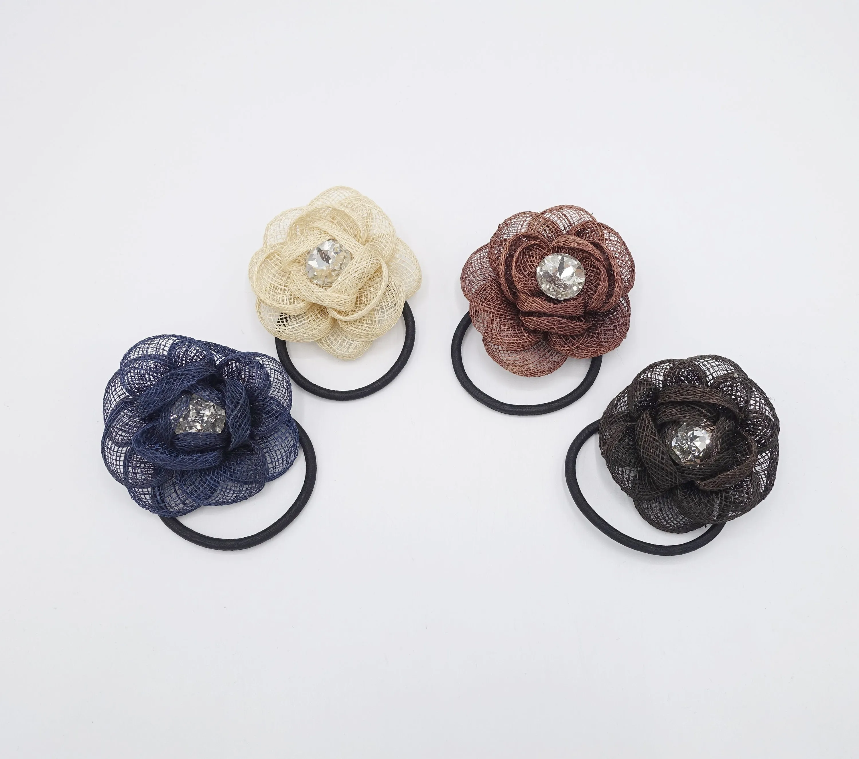 jute camelia hair tie flower ponytail holder