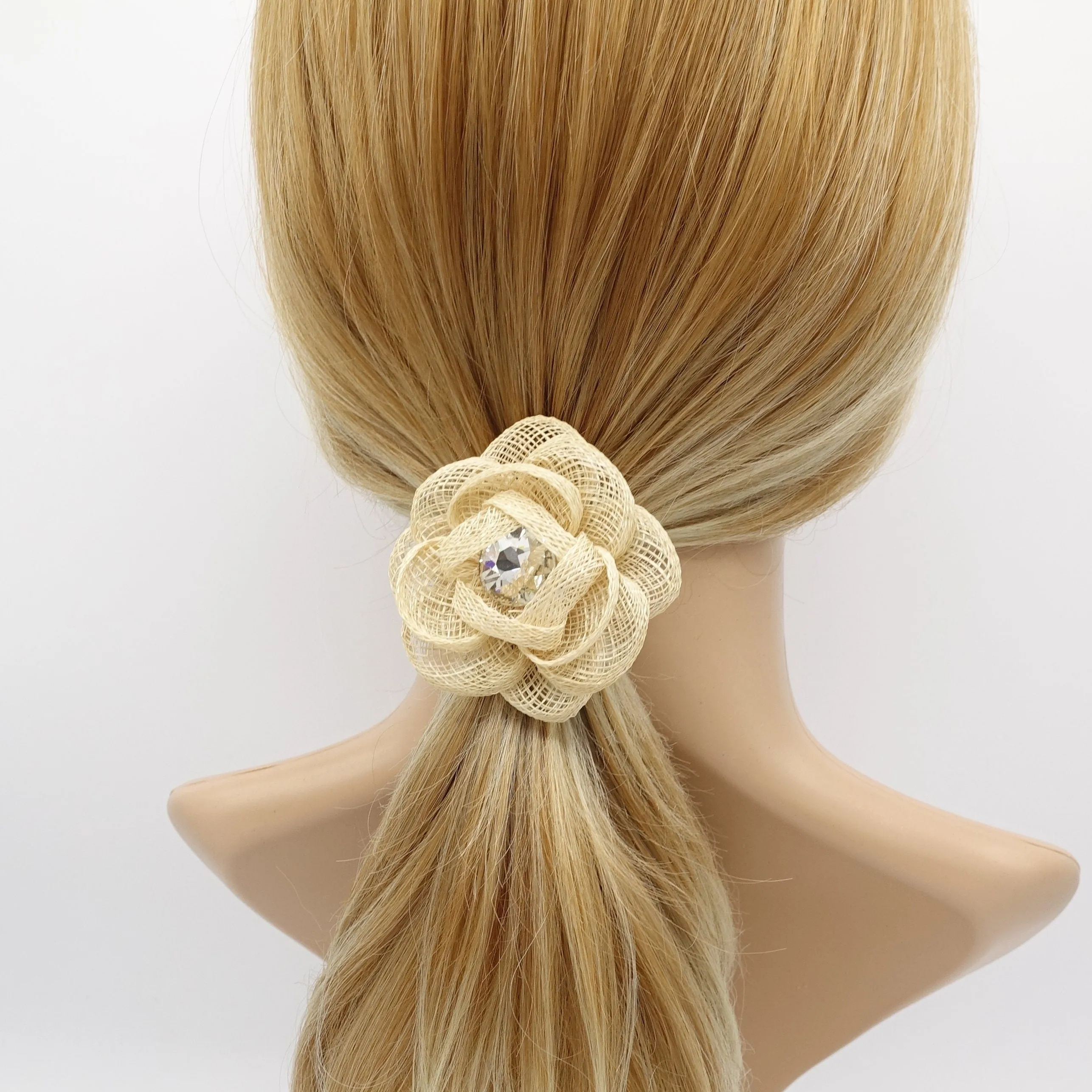 jute camelia hair tie flower ponytail holder