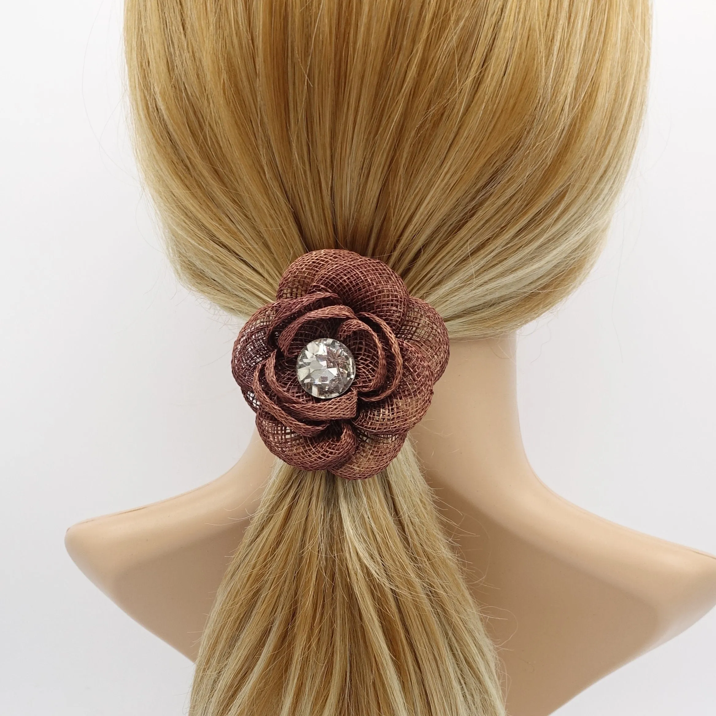 jute camelia hair tie flower ponytail holder