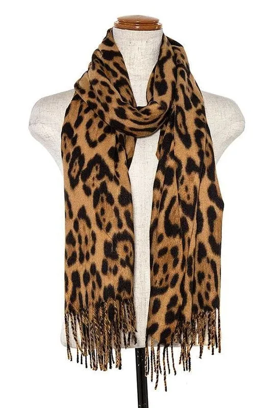 Leopard Print Fringed Scarf - Camel