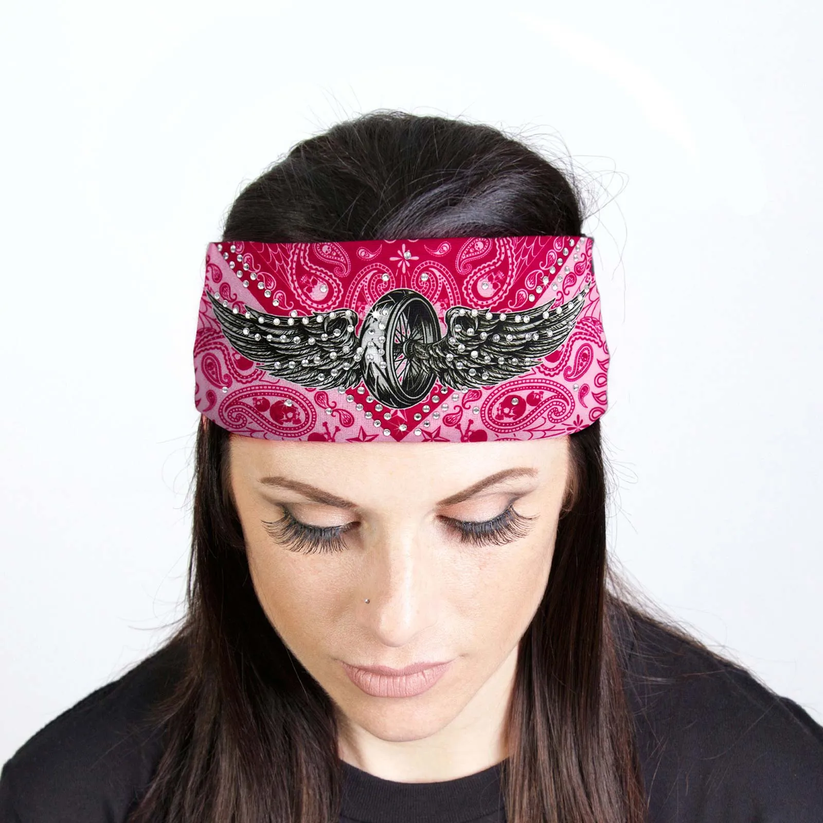 Milwaukee Leather | Bling Designed Wide Headband-Headwrap for Women Biker Bandana with Flying Wheel Shield- MLA8024