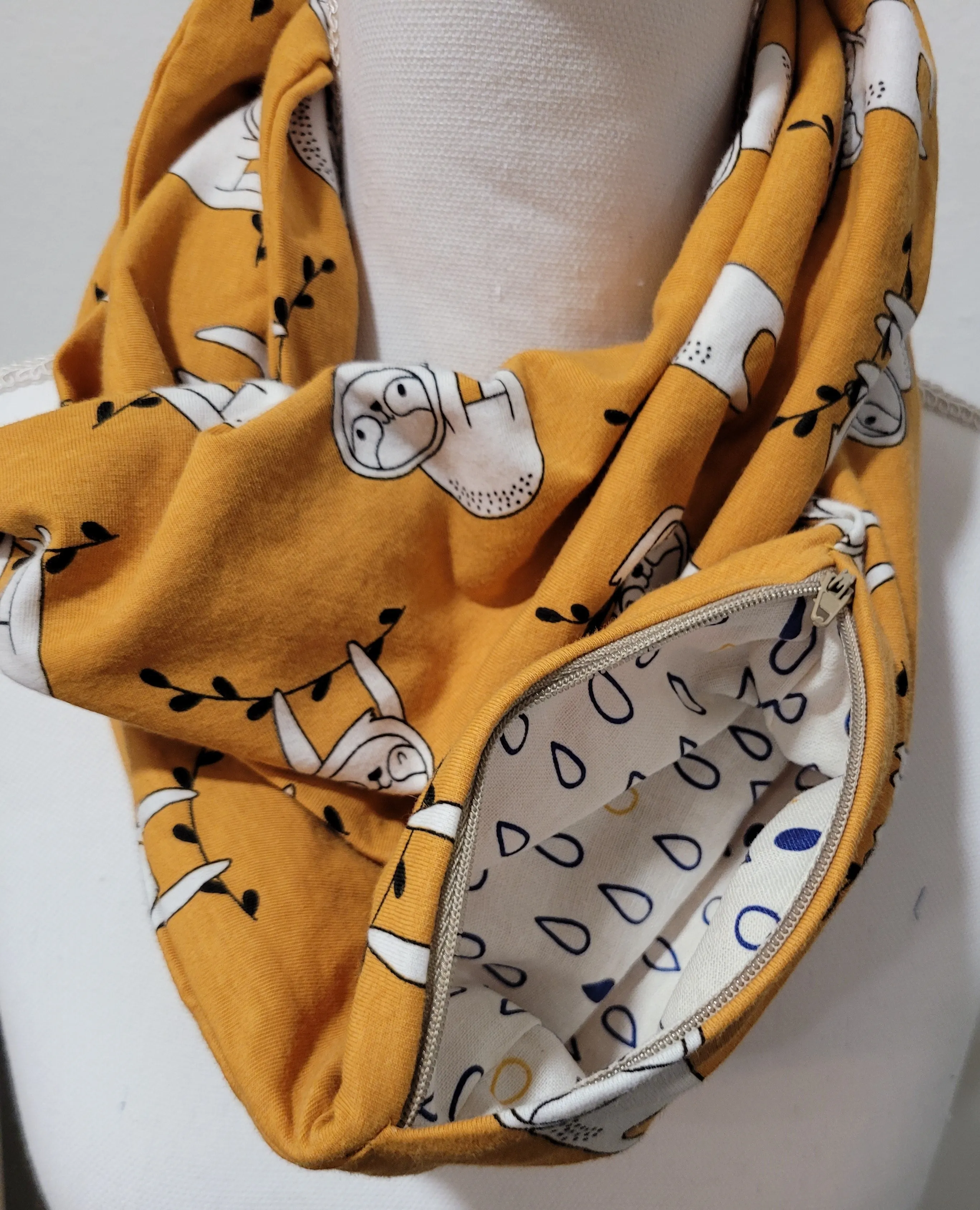 Mustard Yellow Sloth Jersey Knit Infinity Scarf in Single or Double Loop