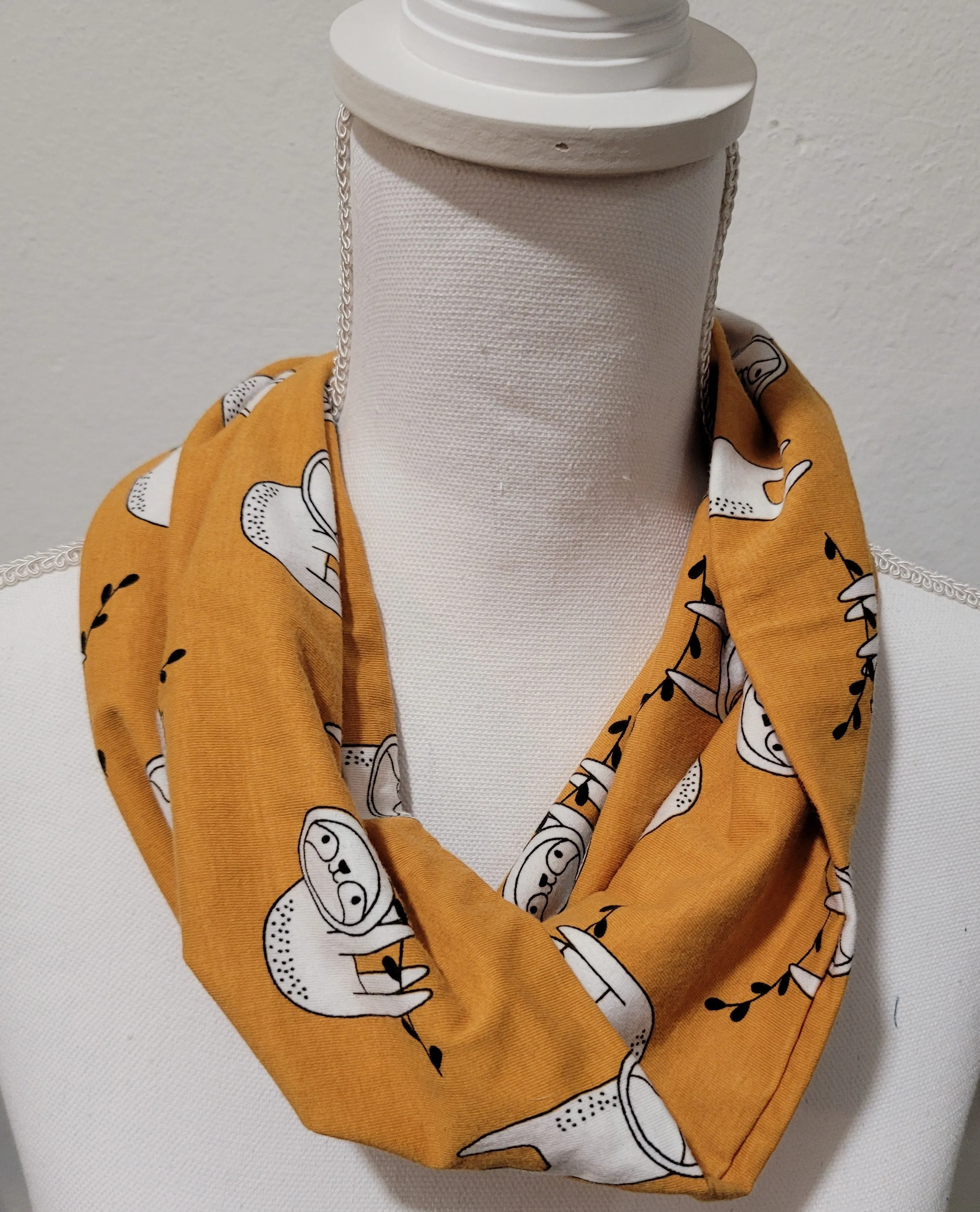 Mustard Yellow Sloth Jersey Knit Infinity Scarf in Single or Double Loop