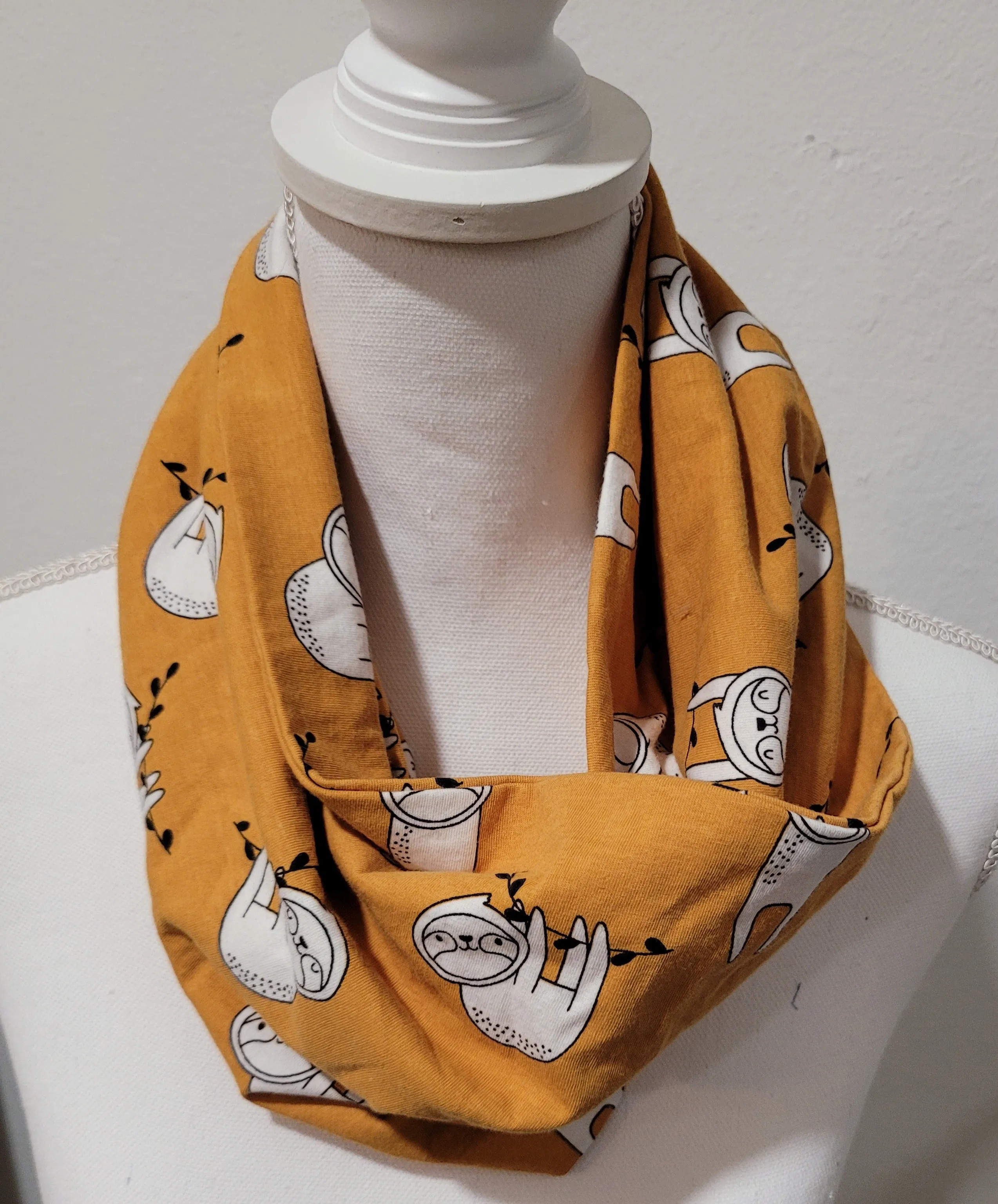 Mustard Yellow Sloth Jersey Knit Infinity Scarf in Single or Double Loop