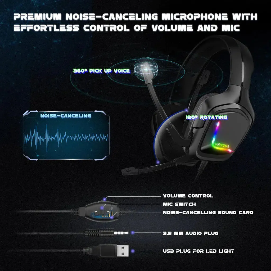 ONIKUMA K20 Wired Gaming Headsets With Microphone RGB Light