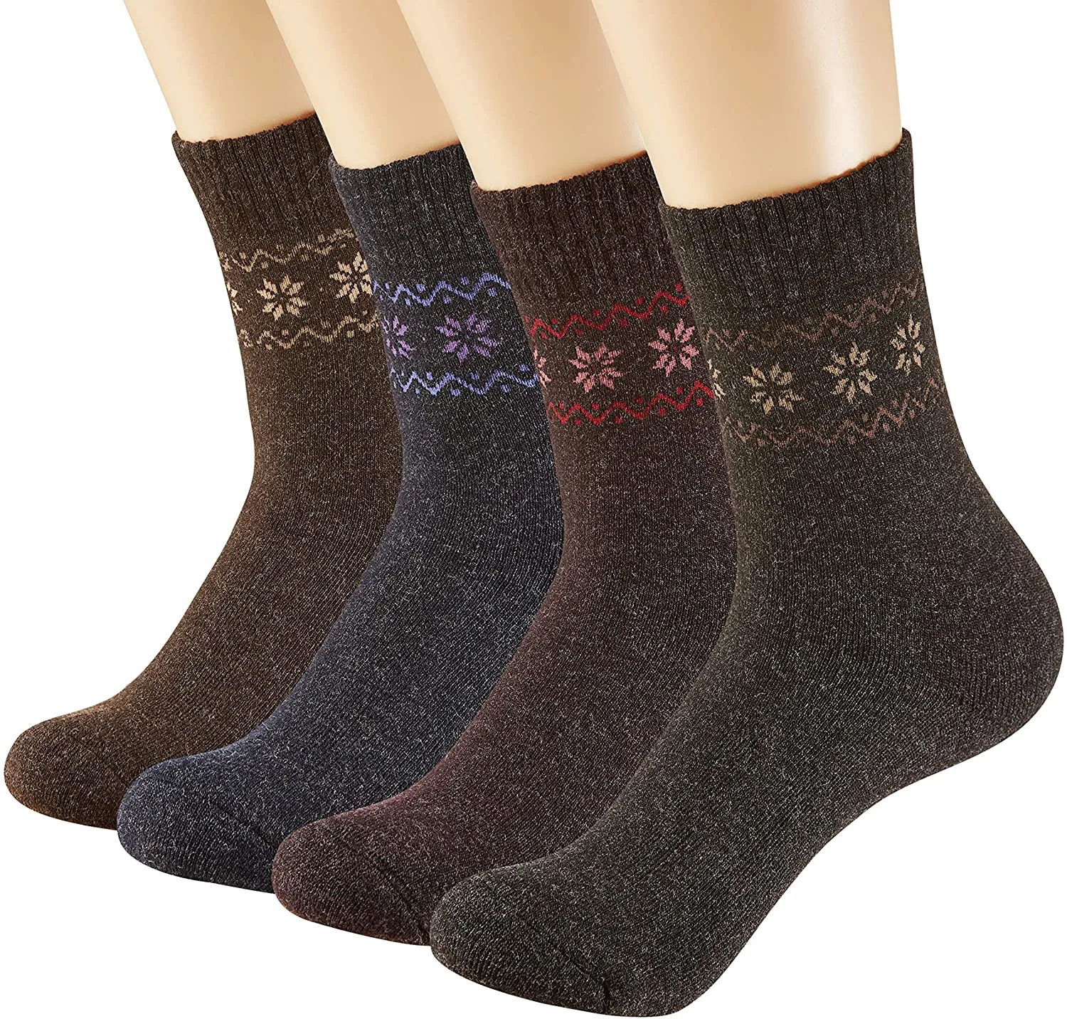 Pack of 4 Winter Warm Wool Socks Hiking Socks Knit Crew Socks for Women Soft and Comfortable