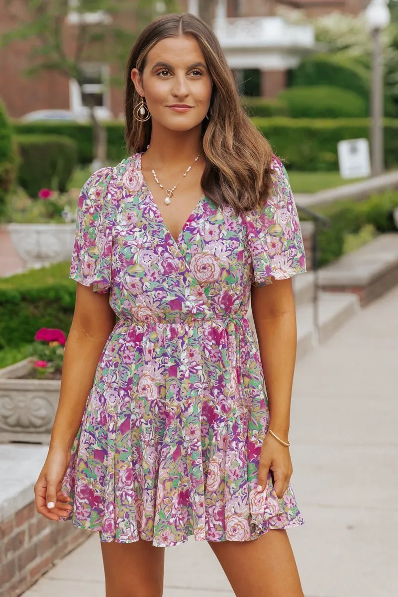 Purple Floral Print Surplice Mini Dress - FINAL SALE