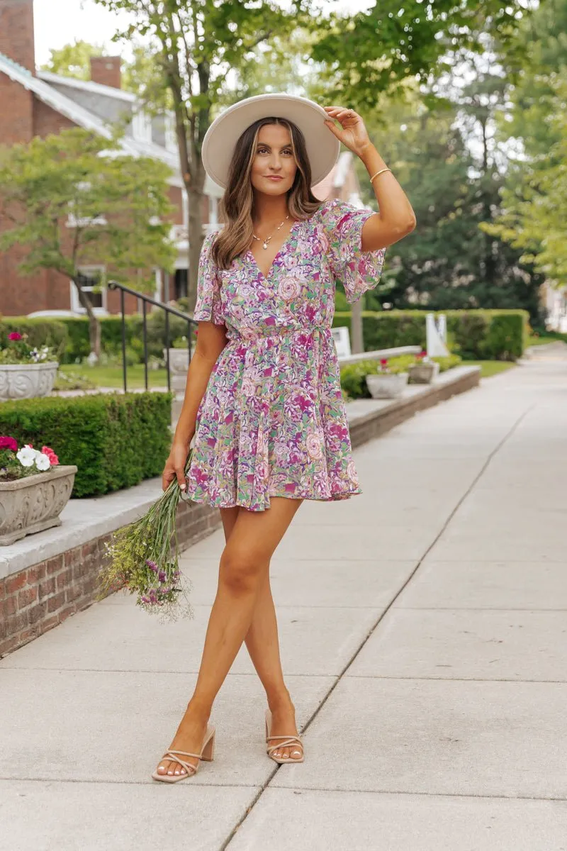 Purple Floral Print Surplice Mini Dress - FINAL SALE