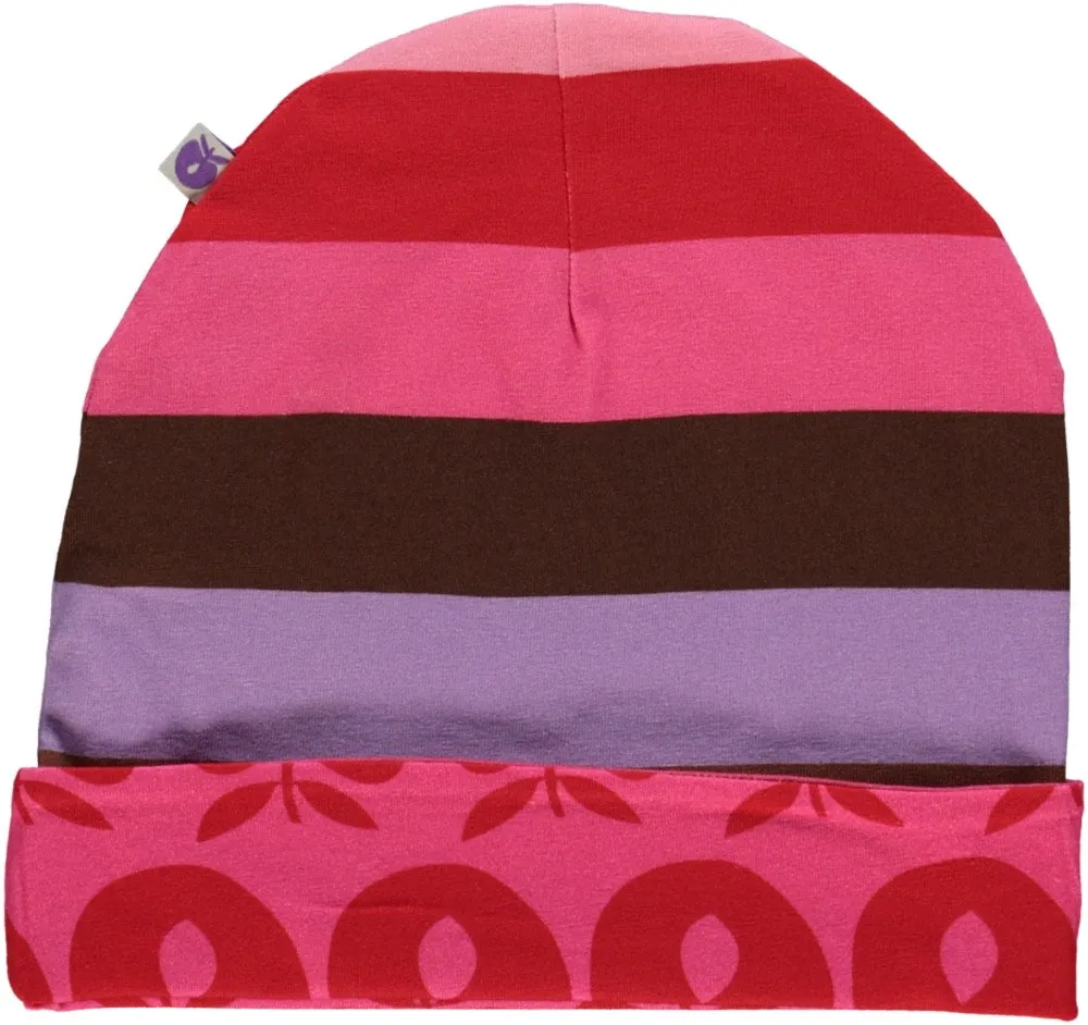 Reversible beanie with stripes and apples