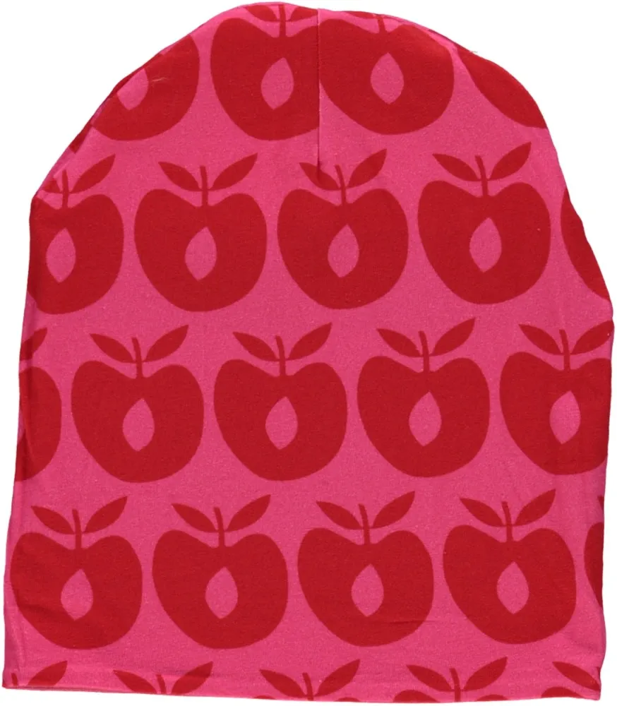 Reversible beanie with stripes and apples