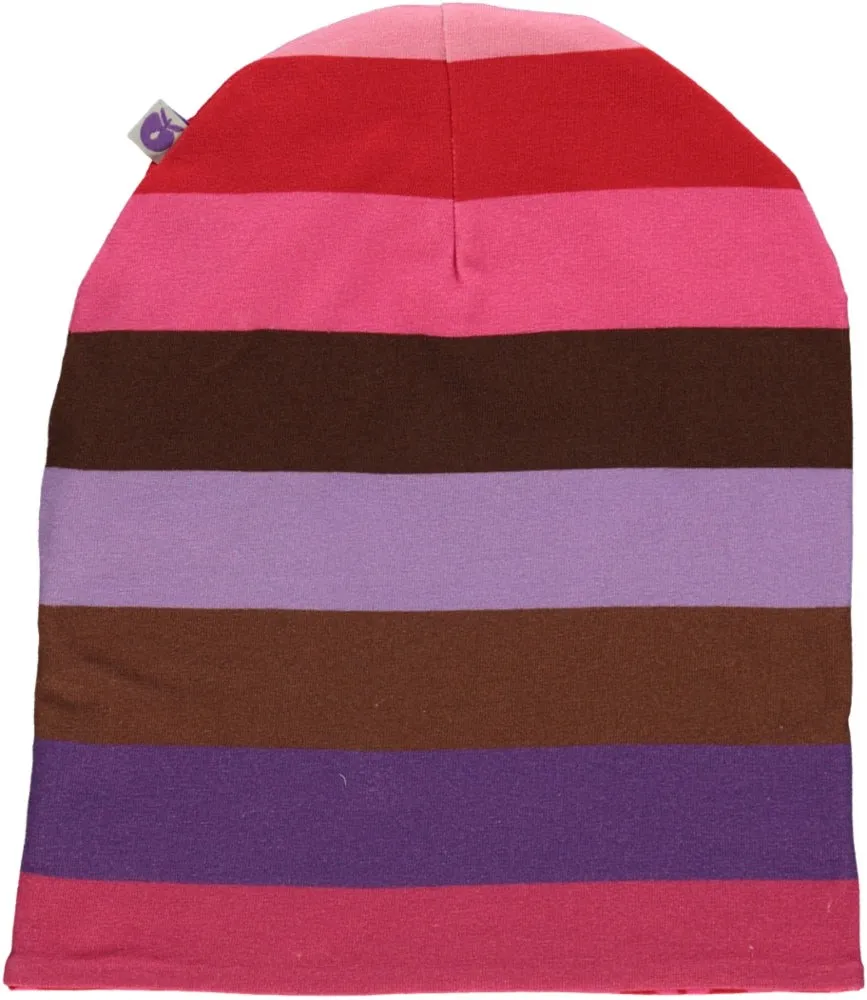 Reversible beanie with stripes and apples