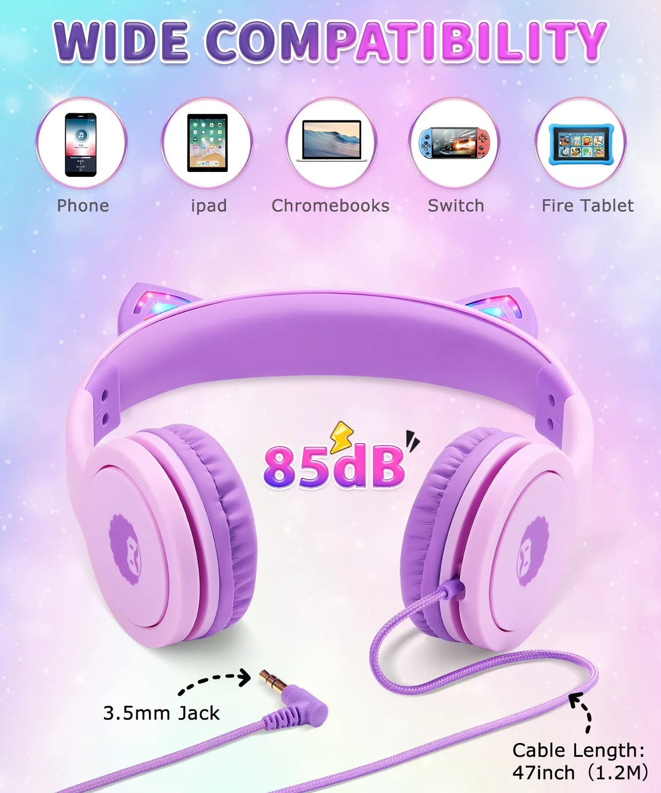 Rockpapa Led Kids Headphones Wired with Cat Ear for Girls Gift