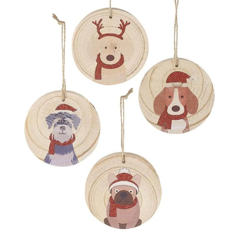 Set Of 4 Natural Wooden Dog Christmas Hangers