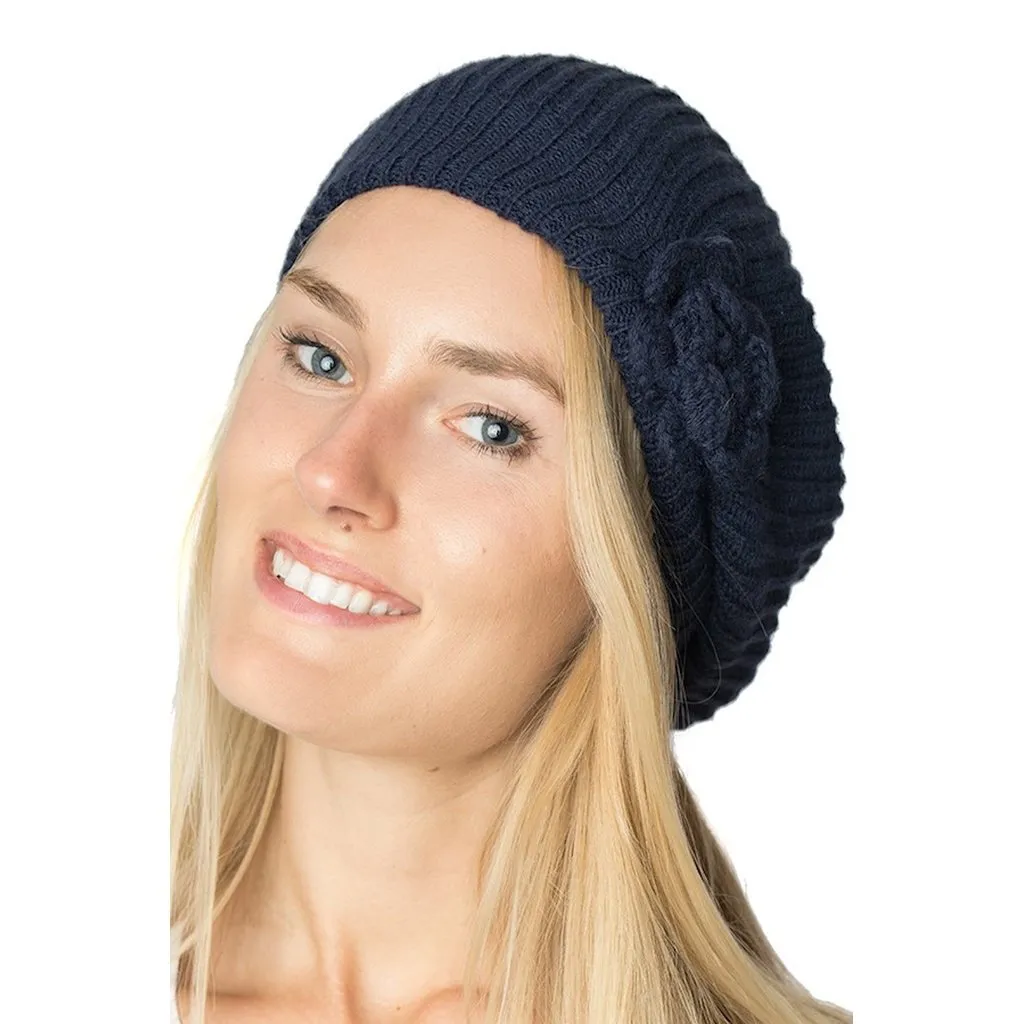 Womens Beret Beanie Hat with Flower