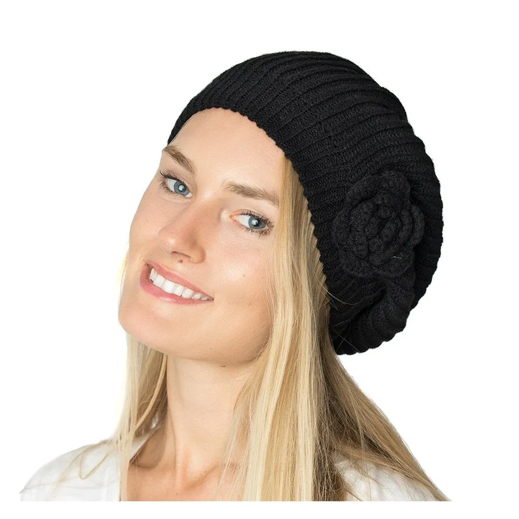 Womens Beret Beanie Hat with Flower